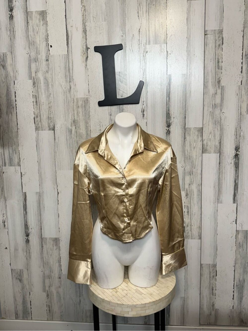 SHEIN Champagne Gold Satin Button Down Crop Top Womens Large Corset Hem Blouse